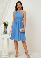 Knee-Length Chiffon Bridesmaid Dress, A-Line Cut, One-Shoulder, Sleeveless, With Pleated BM bride