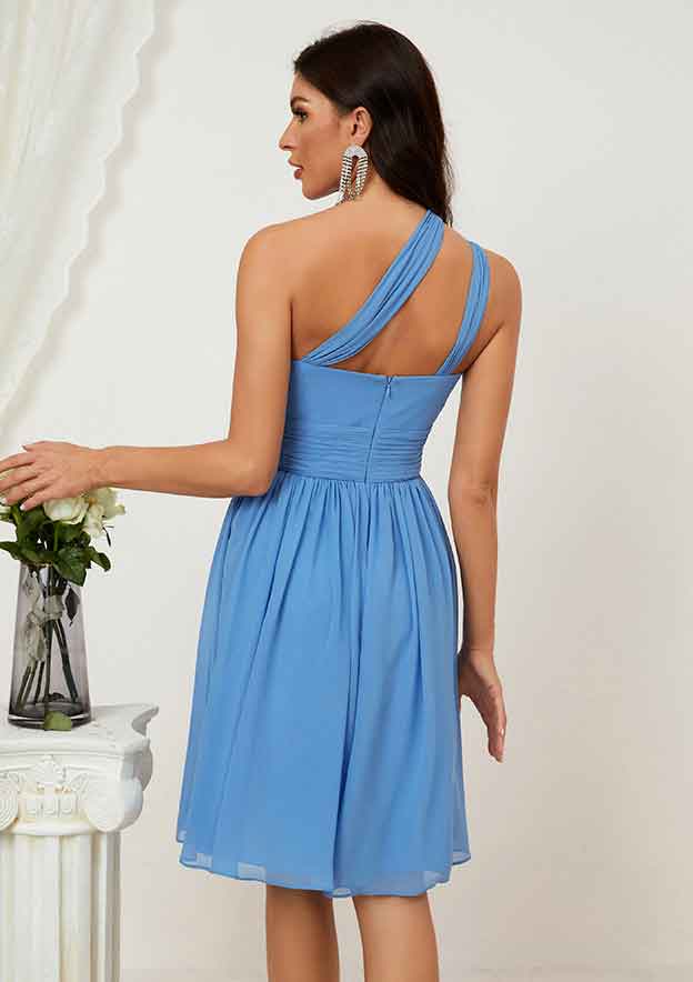 Knee-Length Chiffon Bridesmaid Dress, A-Line Cut, One-Shoulder, Sleeveless, With Pleated BM bride