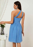 Knee-Length Chiffon Bridesmaid Dress, A-Line Cut, One-Shoulder, Sleeveless, With Pleated BM bride