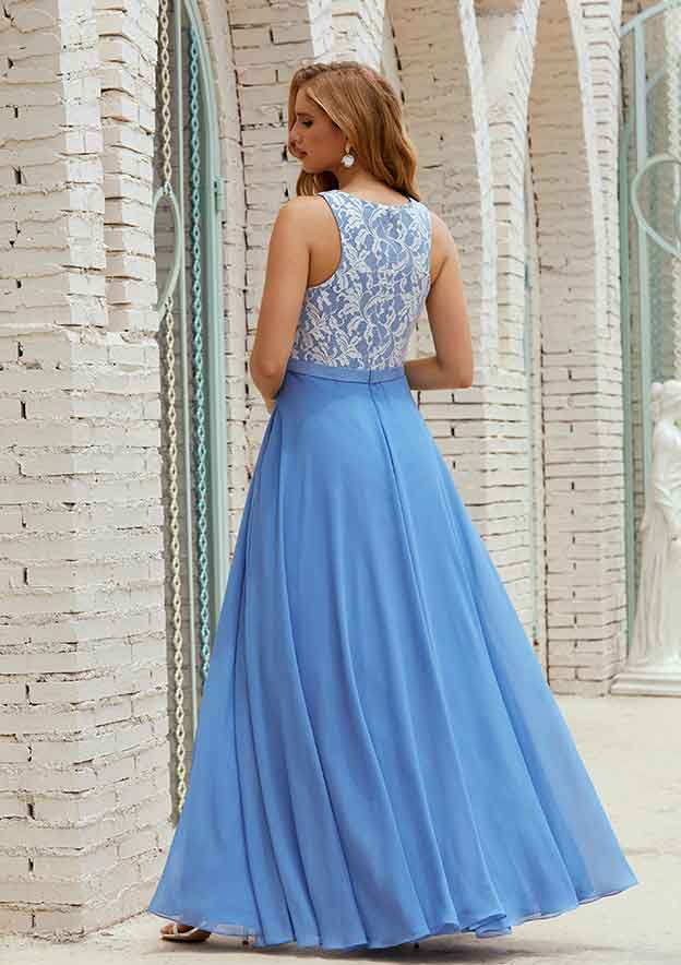 Long/Floor-Length Chiffon Bridesmaid Dress, A-Line Cut, Scoop Neck, Sleeveless, With Pockets And Lace BM bride
