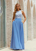 Long/Floor-Length Chiffon Bridesmaid Dress, A-Line Cut, Scoop Neck, Sleeveless, With Pockets And Lace BM bride