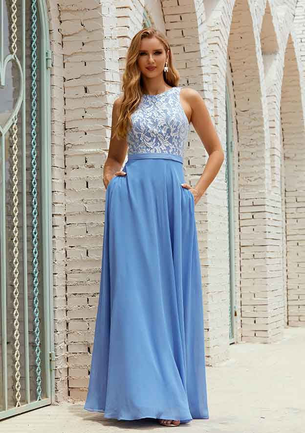 Long/Floor-Length Chiffon Bridesmaid Dress, A-Line Cut, Scoop Neck, Sleeveless, With Pockets And Lace BM bride