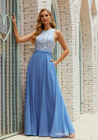 Long/Floor-Length Chiffon Bridesmaid Dress, A-Line Cut, Scoop Neck, Sleeveless, With Pockets And Lace BM bride