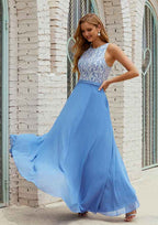 Long/Floor-Length Chiffon Bridesmaid Dress, A-Line Cut, Scoop Neck, Sleeveless, With Pockets And Lace BM bride
