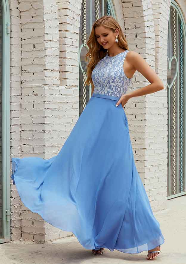 Long/Floor-Length Chiffon Bridesmaid Dress, A-Line Cut, Scoop Neck, Sleeveless, With Pockets And Lace BM bride