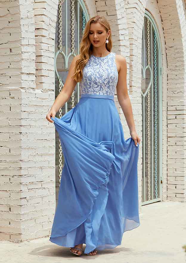 Long/Floor-Length Chiffon Bridesmaid Dress, A-Line Cut, Scoop Neck, Sleeveless, With Pockets And Lace BM bride