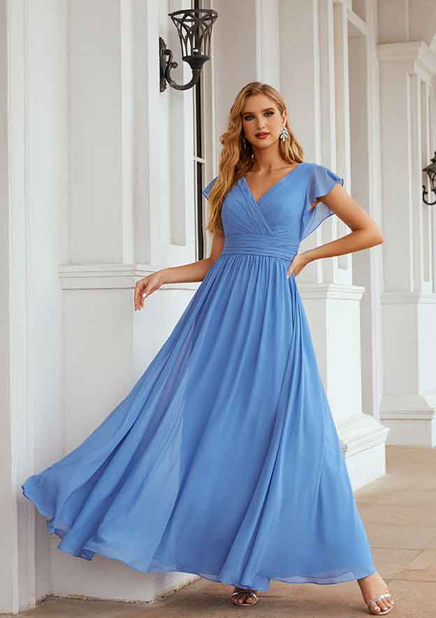 A-line V Neck Long/Floor-Length Chiffon Bridesmaid Dress with Pleated, Short Sleeve BM bride