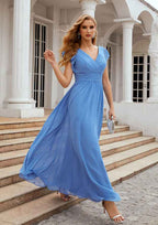 A-line V Neck Long/Floor-Length Chiffon Bridesmaid Dress with Pleated, Short Sleeve BM bride