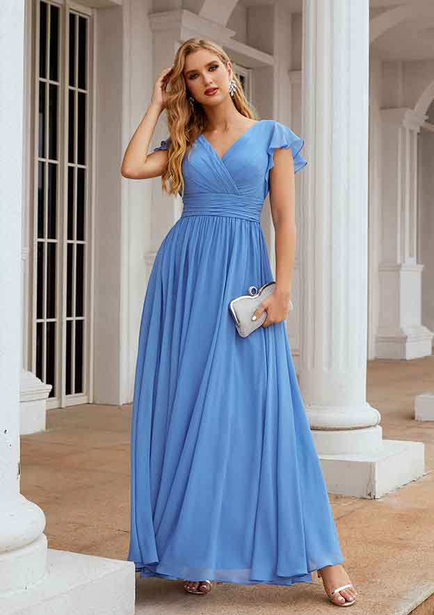 Long/Floor-Length Chiffon Bridesmaid Dress, A-Line Cut, V-Neck, Short Sleeve, With Pleated BM bride