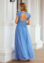 A-line V Neck Long/Floor-Length Chiffon Bridesmaid Dress with Pleated, Short Sleeve BM bride