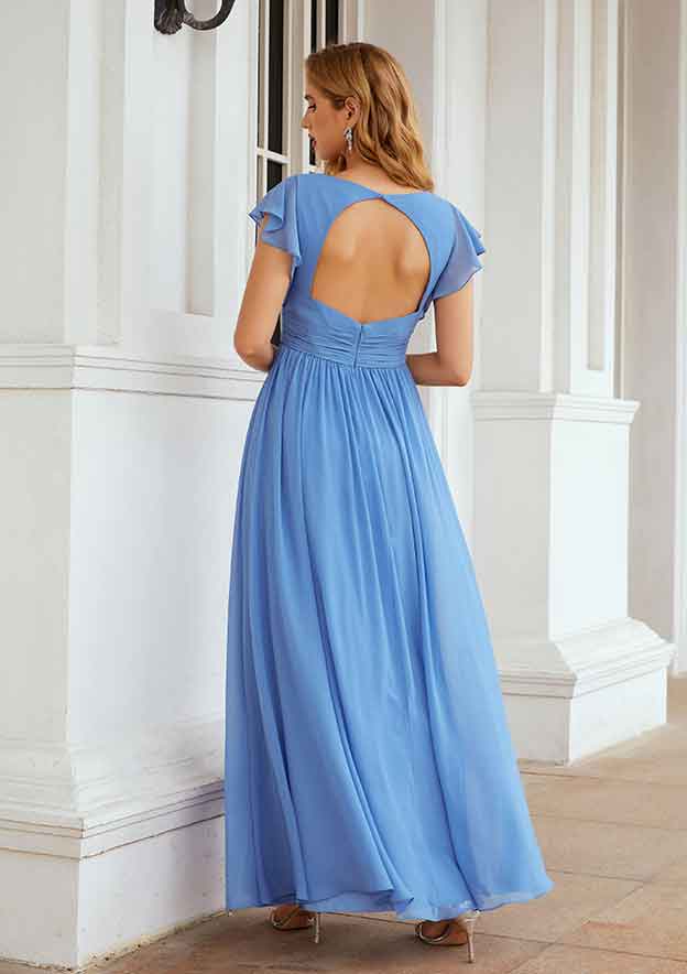 A-line V Neck Long/Floor-Length Chiffon Bridesmaid Dress with Pleated, Short Sleeve BM bride
