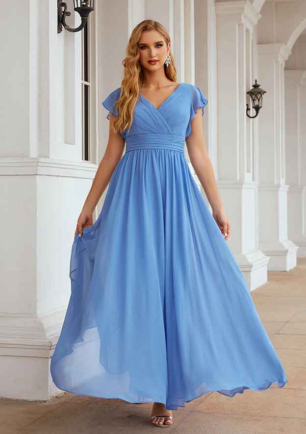 Long/Floor-Length Chiffon Bridesmaid Dress, A-Line Cut, V-Neck, Short Sleeve, With Pleated BM bride