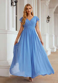 Long/Floor-Length Chiffon Bridesmaid Dress, A-Line Cut, V-Neck, Short Sleeve, With Pleated BM bride