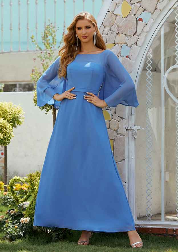 A-line Scoop Neck 3/4 Sleeve Chiffon Long/Floor-Length Mother of the Bride Dress BM bride