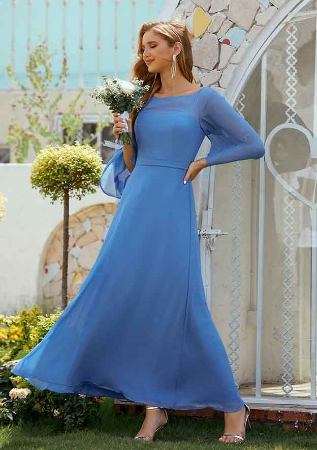 A-line Scoop Neck 3/4 Sleeve Chiffon Long/Floor-Length Mother of the Bride Dress BM bride