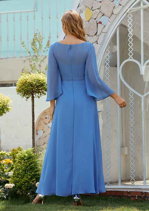A-line Scoop Neck 3/4 Sleeve Chiffon Long/Floor-Length Mother of the Bride Dress BM bride