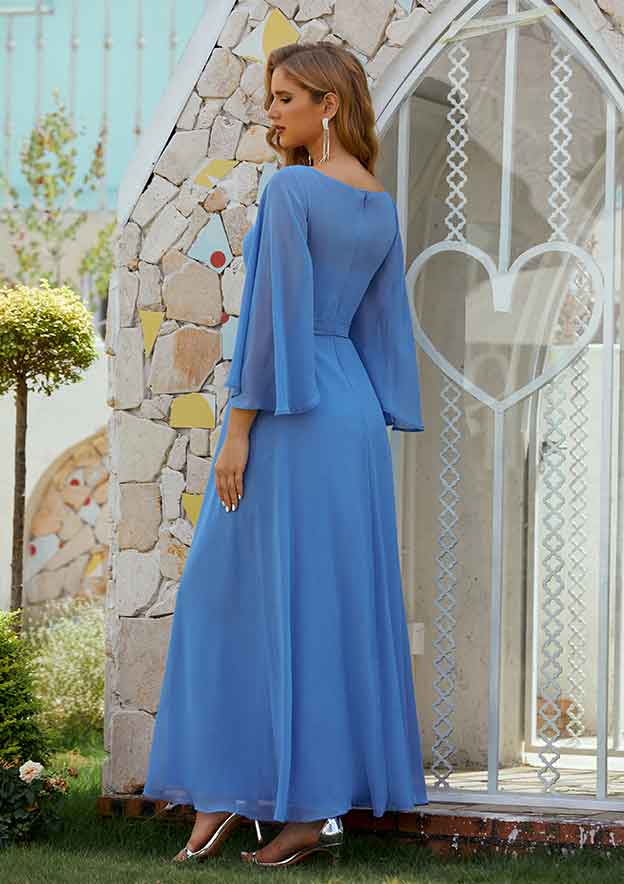 A-line Scoop Neck 3/4 Sleeve Chiffon Long/Floor-Length Mother of the Bride Dress BM bride