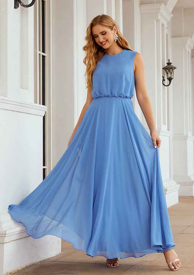 Long/Floor-Length Chiffon Bridesmaid Dress, A-Line Cut, Scoop Neck, Sleeveless BM bride