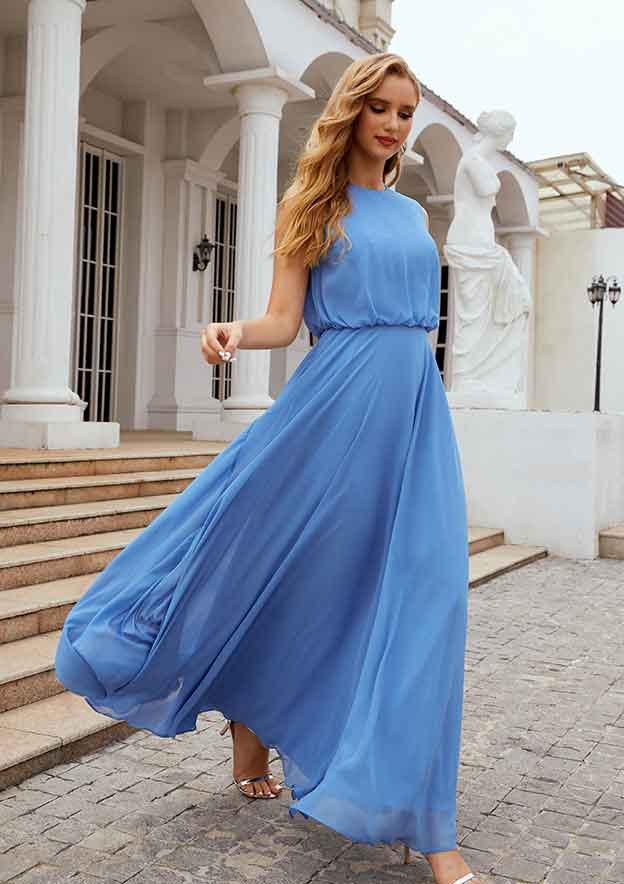 Long/Floor-Length Chiffon Bridesmaid Dress, A-Line Cut, Scoop Neck, Sleeveless BM bride