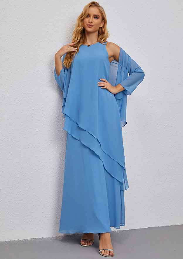 A-line Scoop Neck Long/Floor-Length Chiffon Mother of the Bride Dress with Ruffles Jacket BM bride