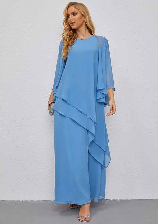A-line Scoop Neck Long/Floor-Length Chiffon Mother of the Bride Dress with Ruffles Jacket BM bride