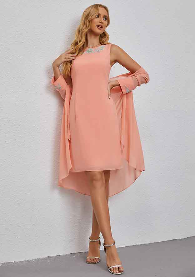 A-line Scoop Neck Chiffon Knee-Length Mother of the Bride Dress with Embroidery and Long Sleeves Jacket BM bride