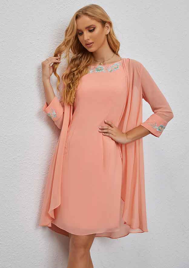 A-line Scoop Neck Chiffon Knee-Length Mother of the Bride Dress with Embroidery and Long Sleeves Jacket BM bride