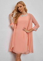 A-line Scoop Neck Chiffon Knee-Length Mother of the Bride Dress with Embroidery and Long Sleeves Jacket BM bride