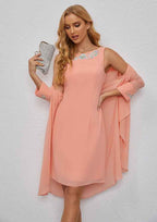 A-line Scoop Neck Chiffon Knee-Length Mother of the Bride Dress with Embroidery and Long Sleeves Jacket BM bride