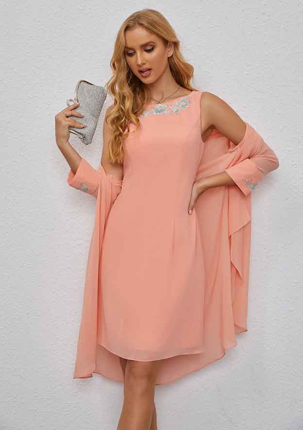A-line Scoop Neck Chiffon Knee-Length Mother of the Bride Dress with Embroidery and Long Sleeves Jacket BM bride