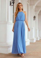 Long/Floor-Length Chiffon Bridesmaid Dress, A-Line Cut, Halter Neck, Sleeveless, With Pleated BM bride