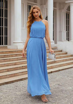 Long/Floor-Length Chiffon Bridesmaid Dress, A-Line Cut, Halter Neck, Sleeveless, With Pleated BM bride