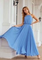 Long/Floor-Length Chiffon Bridesmaid Dress, A-Line Cut, Halter Neck, Sleeveless, With Pleated BM bride