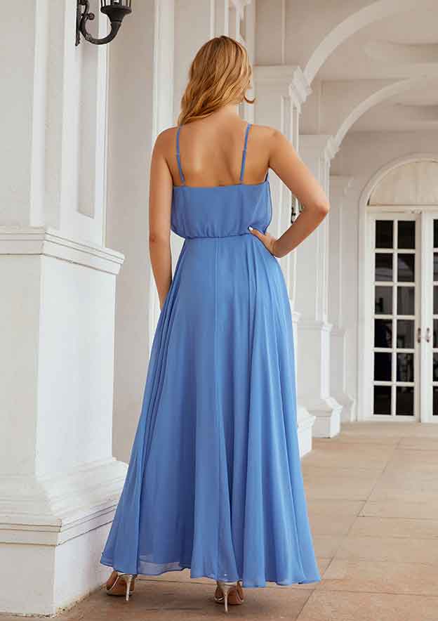 Long/Floor-Length Chiffon Bridesmaid Dress, A-Line Cut, Halter Neck, Sleeveless, With Pleated BM bride