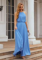 Long/Floor-Length Chiffon Bridesmaid Dress, A-Line Cut, Halter Neck, Sleeveless, With Pleated BM bride