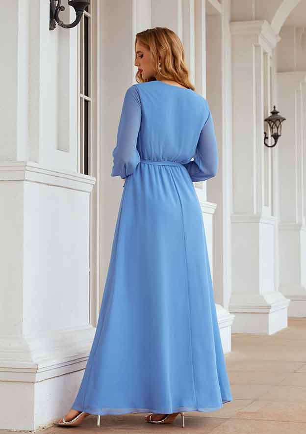 A-line V Neck Full/Long Sleeve Chiffon Long/Floor-Length Mother of the Bride Dress with Sashes Split BM bride
