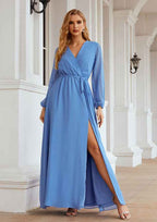 A-line V Neck Full/Long Sleeve Chiffon Long/Floor-Length Mother of the Bride Dress with Sashes Split BM bride