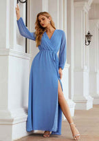 Long/Floor-Length Chiffon Mother Of The Bride Dress, A-Line Cut, V-Neck, Full/Long Sleeve, With Sashes And Split BM bride