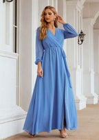 Long/Floor-Length Chiffon Mother Of The Bride Dress, A-Line Cut, V-Neck, Full/Long Sleeve, With Sashes And Split BM bride
