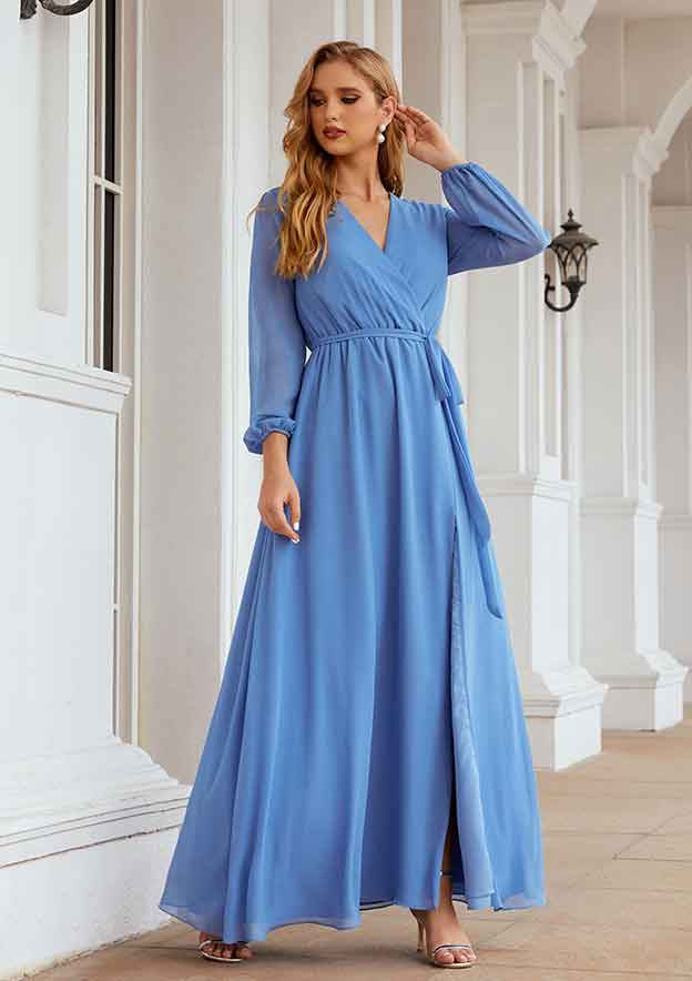 Long/Floor-Length Chiffon Mother Of The Bride Dress, A-Line Cut, V-Neck, Full/Long Sleeve, With Sashes And Split BM bride