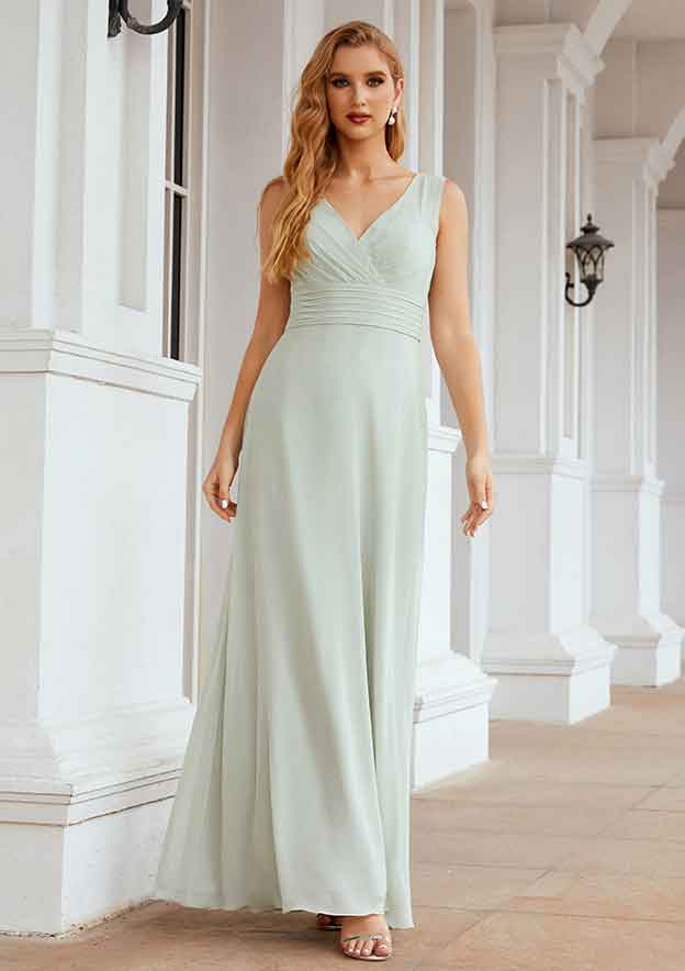 Long/Floor-Length Chiffon Bridesmaid Dress, A-Line Cut, V-Neck, With Pleated BM bride