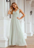 Long/Floor-Length Chiffon Bridesmaid Dress, A-Line Cut, V-Neck, With Pleated BM bride