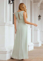 Long/Floor-Length Chiffon Bridesmaid Dress, A-Line Cut, V-Neck, With Pleated BM bride
