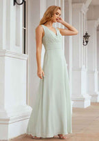 Long/Floor-Length Chiffon Bridesmaid Dress, A-Line Cut, V-Neck, With Pleated BM bride