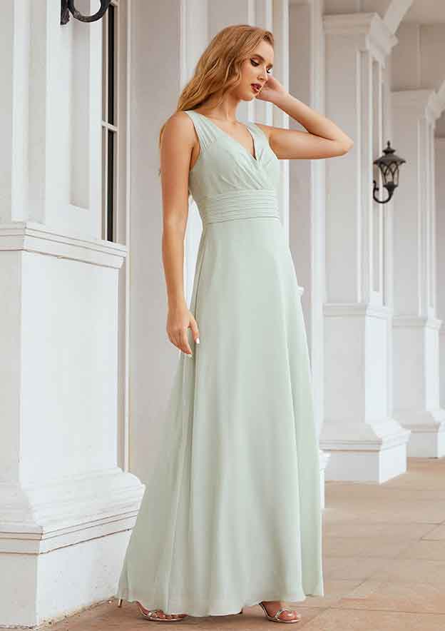 Long/Floor-Length Chiffon Bridesmaid Dress, A-Line Cut, V-Neck, With Pleated BM bride