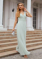 Long/Floor-Length Chiffon Bridesmaid Dress, A-Line Cut, V-Neck, With Pleated BM bride
