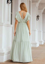 A-Line Floor-Length Short Sleeve Chiffon Bridesmaid Dress, V-Neck With Pleats BM bride
