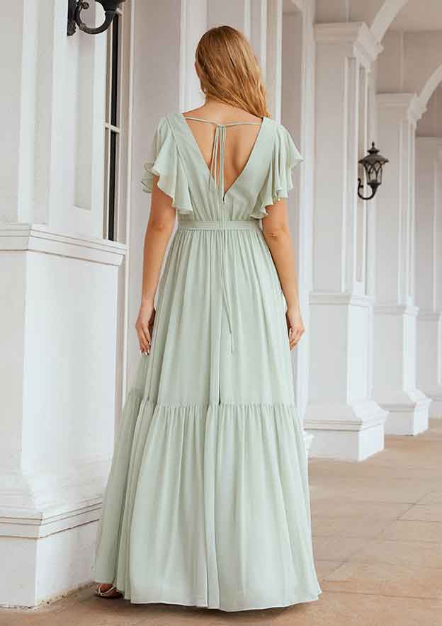 A-Line Floor-Length Short Sleeve Chiffon Bridesmaid Dress, V-Neck With Pleats BM bride