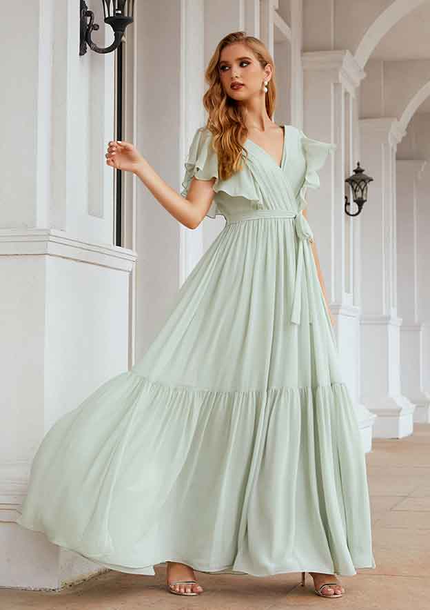 A-Line Floor-Length Short Sleeve Chiffon Bridesmaid Dress, V-Neck With Pleats BM bride