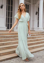 A-Line Floor-Length Short Sleeve Chiffon Bridesmaid Dress, V-Neck With Pleats BM bride
